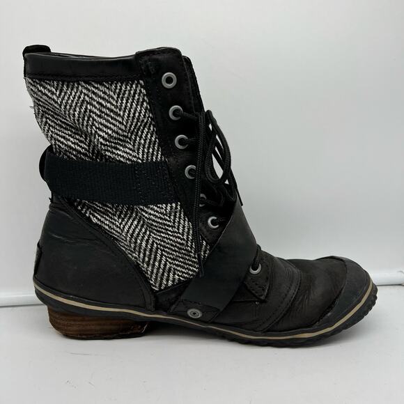 Sorel Boots Womens 8 SlimBoot Ankle Black Herringbone Waterproof Leather Winter - Picture 4 of 11